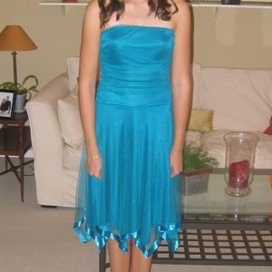 Teal Blue Shimmer & Ribbon Strapless Formal Dress